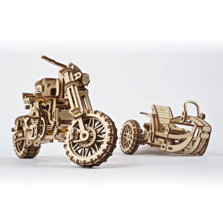 Ugears - 3D wooden mechanical puzzle Scrambler motorcycle with cart