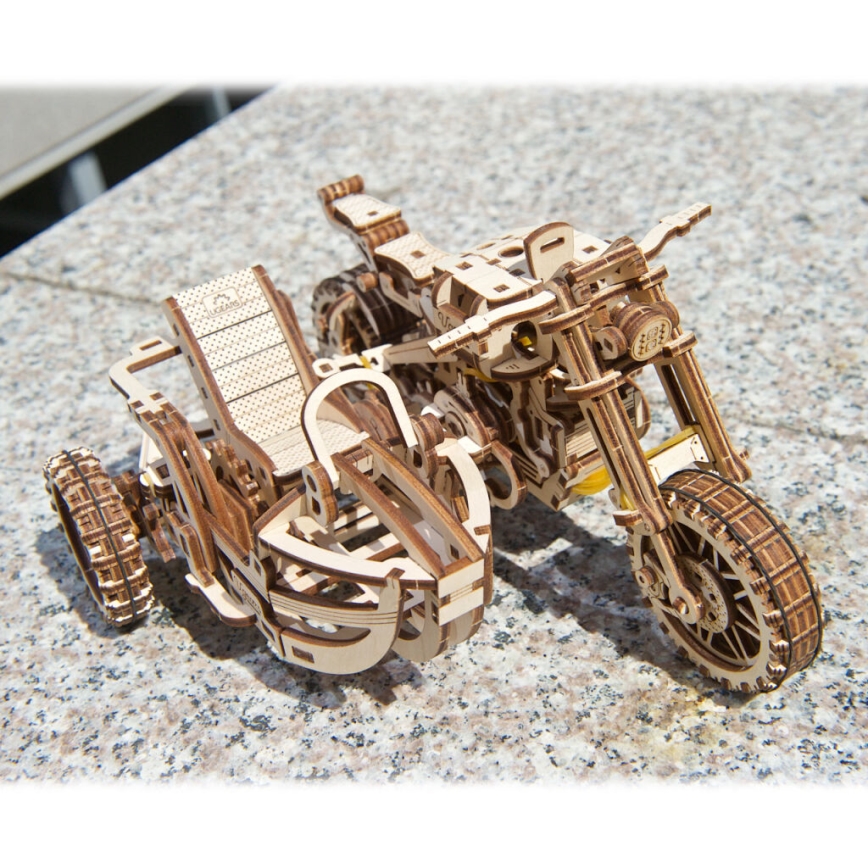 Ugears - 3D wooden mechanical puzzle Scrambler motorcycle with cart