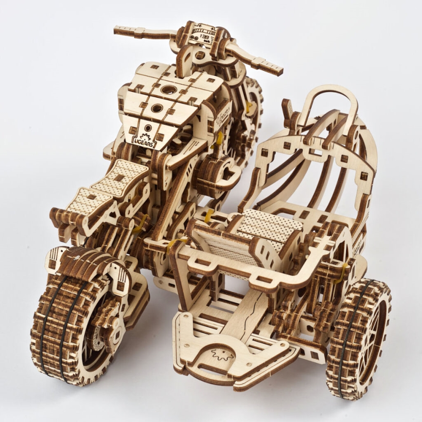 Ugears - 3D wooden mechanical puzzle Scrambler motorcycle with cart