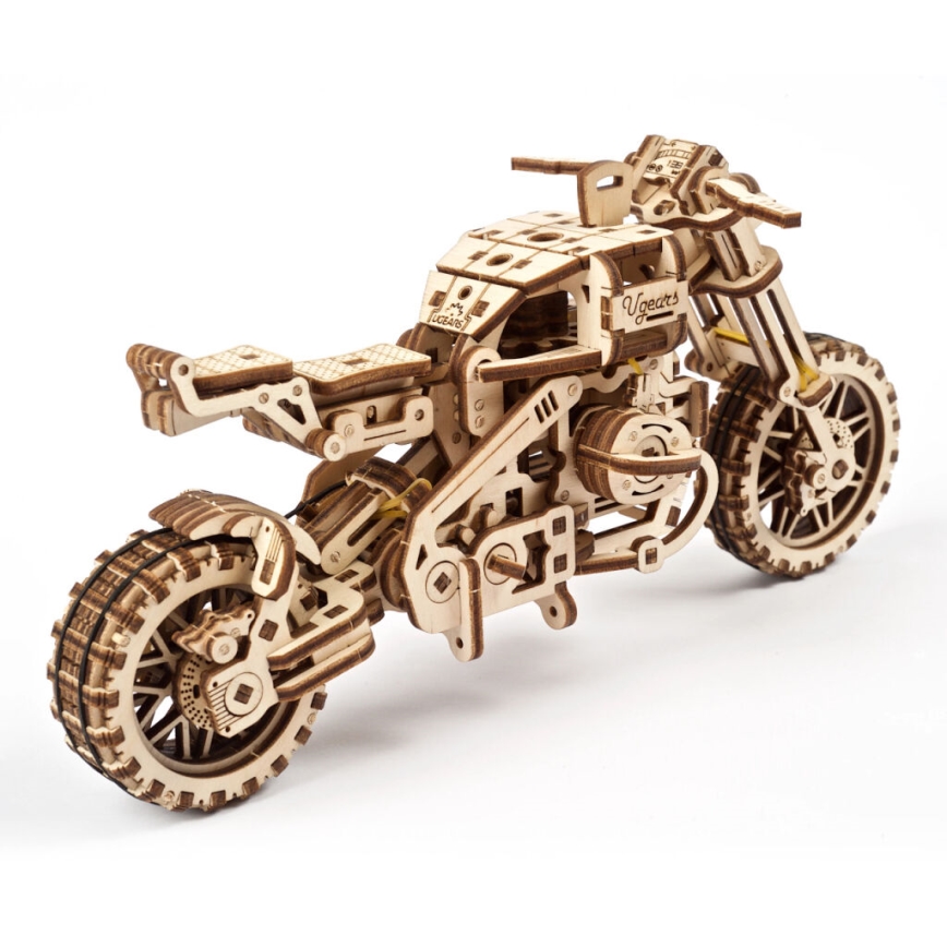Ugears - 3D wooden mechanical puzzle Scrambler motorcycle with cart