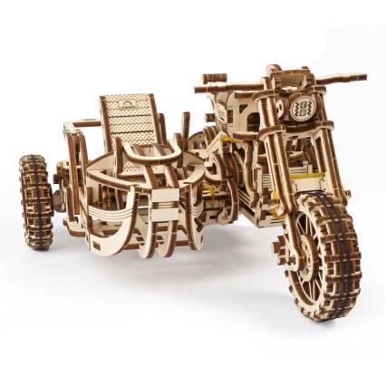 Ugears - 3D wooden mechanical puzzle Scrambler motorcycle with cart