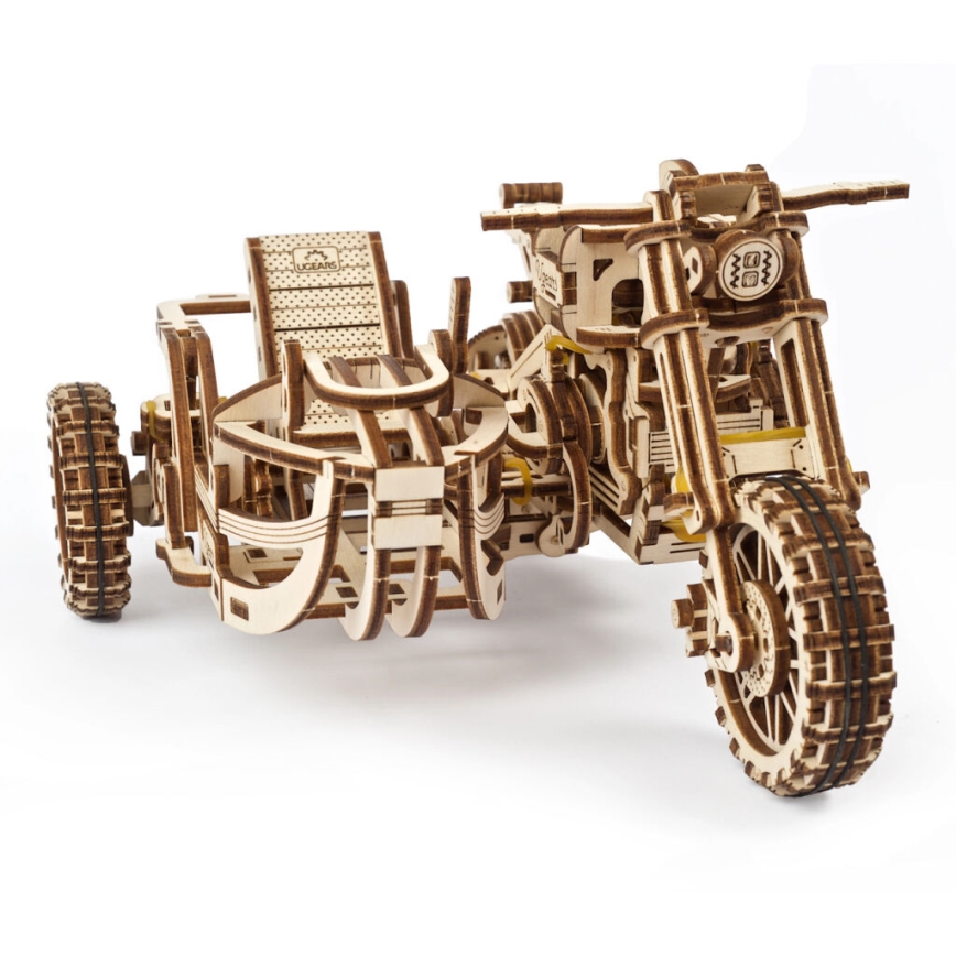 Ugears - 3D wooden mechanical puzzle Scrambler motorcycle with cart