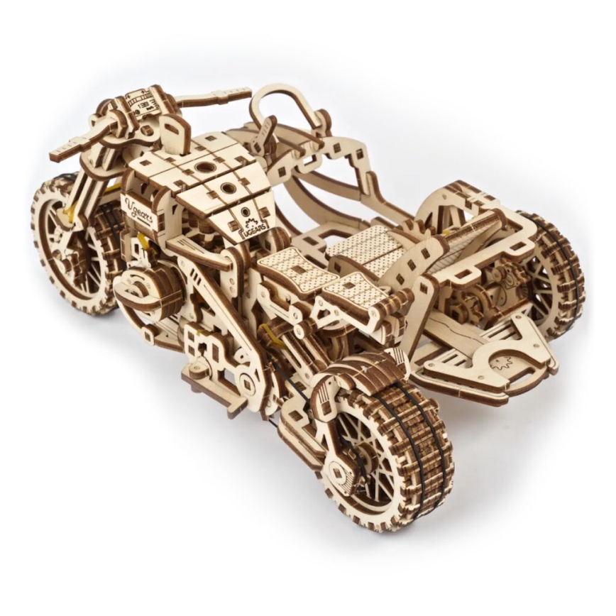 Ugears - 3D wooden mechanical puzzle Scrambler motorcycle with cart
