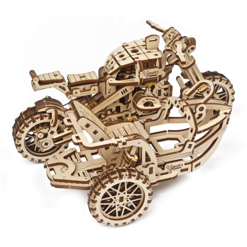 Ugears - 3D wooden mechanical puzzle Scrambler motorcycle with cart