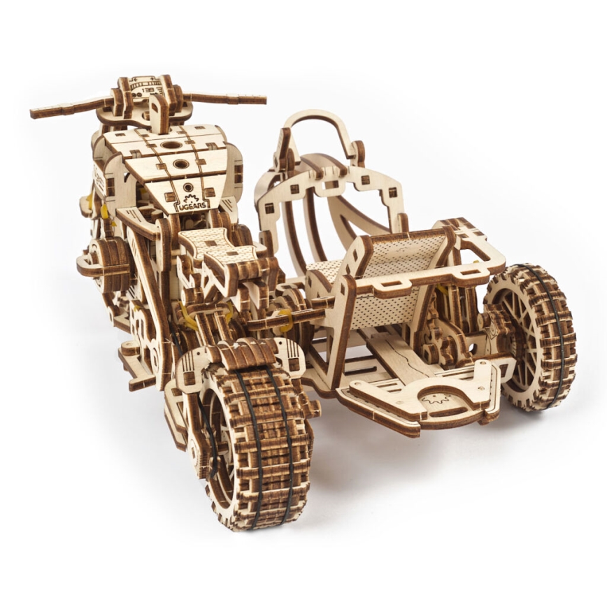 Ugears - 3D wooden mechanical puzzle Scrambler motorcycle with cart
