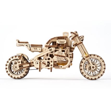 Ugears - 3D wooden mechanical puzzle Scrambler motorcycle with cart