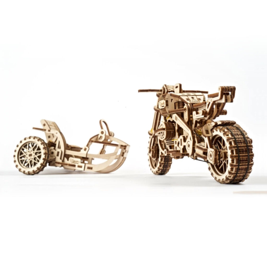 Ugears - 3D wooden mechanical puzzle Scrambler motorcycle with cart