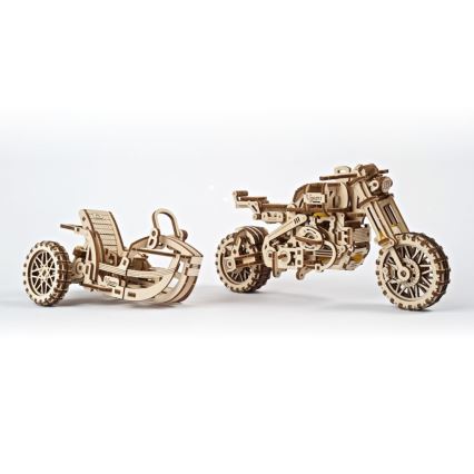 Ugears - 3D wooden mechanical puzzle Scrambler motorcycle with cart