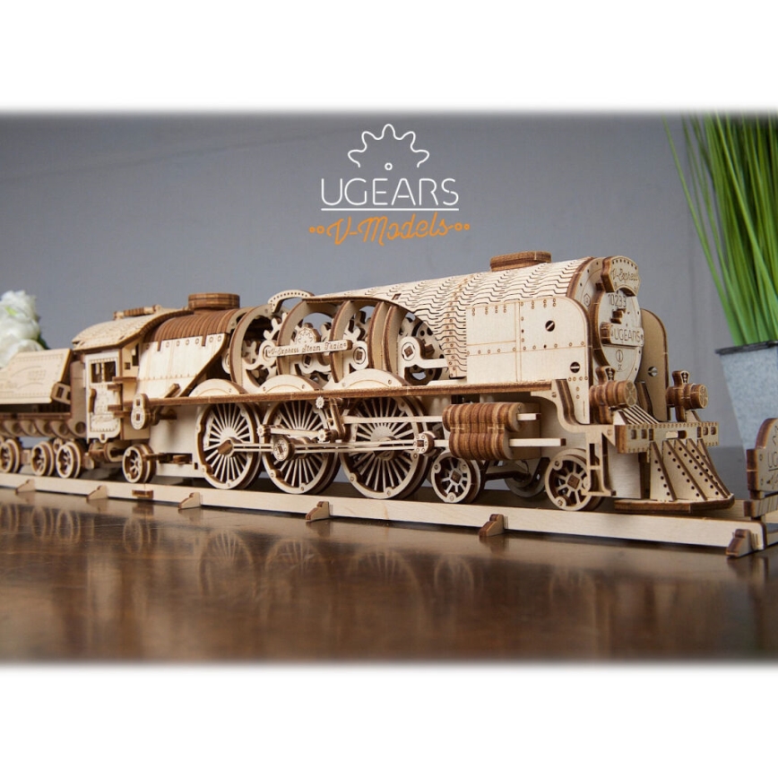 Ugears - 3D wooden mechanical puzzle V-Express steam locomotive with a tender