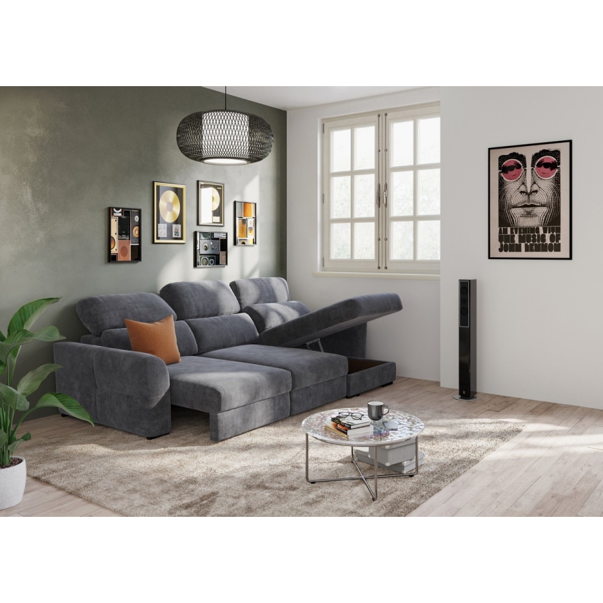 Universal corner folding three-seater sofa with a storage space TRENTO anthracite