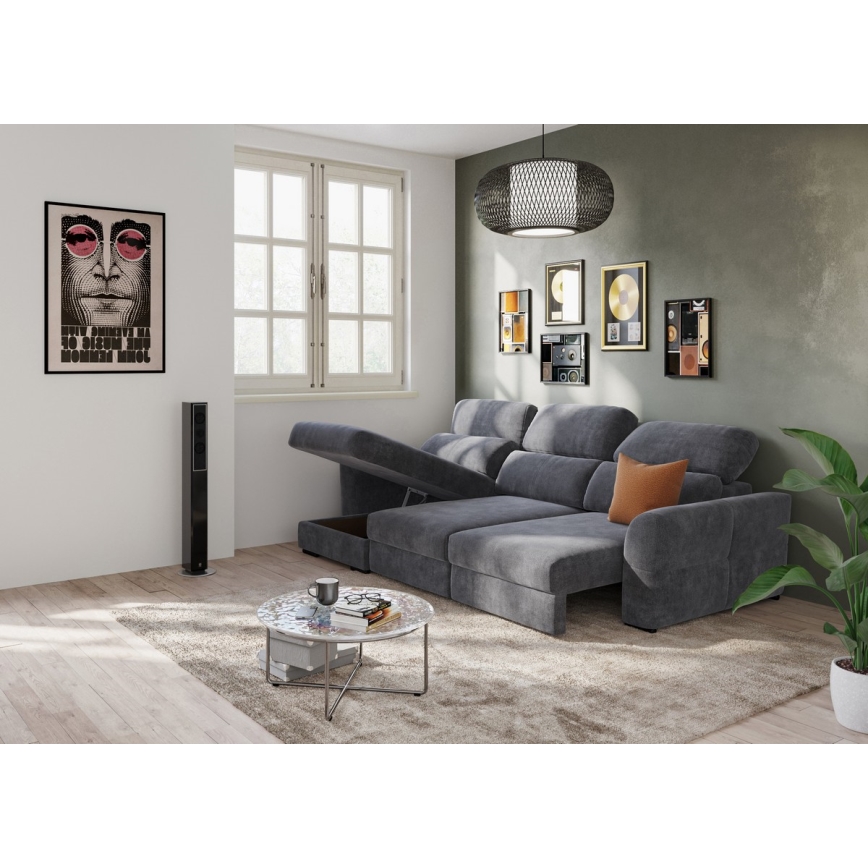 Universal corner folding three-seater sofa with a storage space TRENTO anthracite