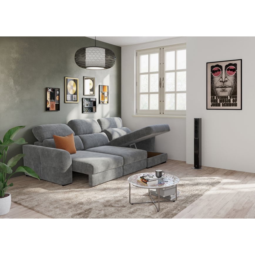 Universal corner folding three-seater sofa with a storage space TRENTO grey