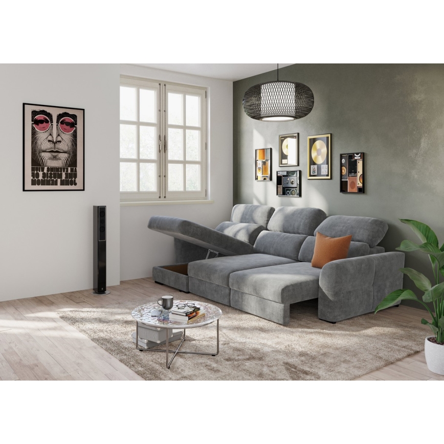 Universal corner folding three-seater sofa with a storage space TRENTO grey