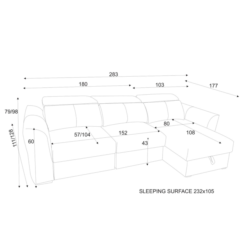 Universal corner folding three-seater sofa with a storage space TRENTO grey