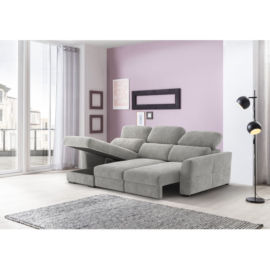 Universal corner folding three-seater sofa with a storage space TRENTO light grey
