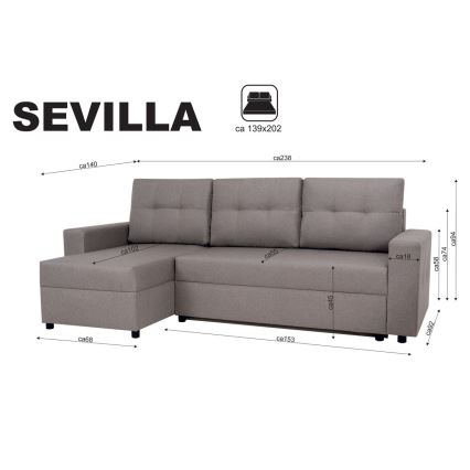 Universal corner lounge suite with sleeping function and storage space SEVILLA grey