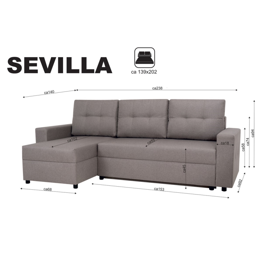 Universal corner lounge suite with sleeping function and storage space SEVILLA grey