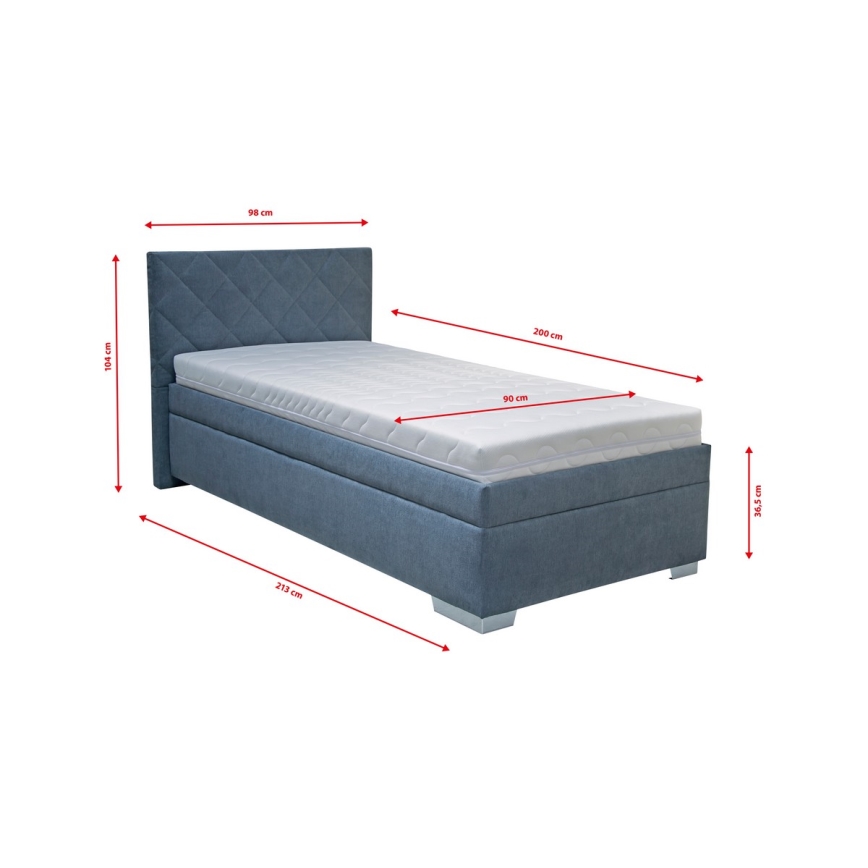 Upholstered bed with a storage space and mattress LANA 90x200 cm blue