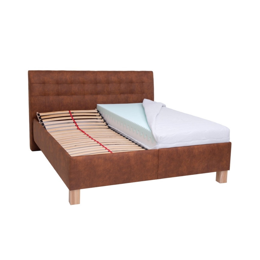 Upholstered bed with mattress and storage space VIOLET 180x200 cm cognac brown