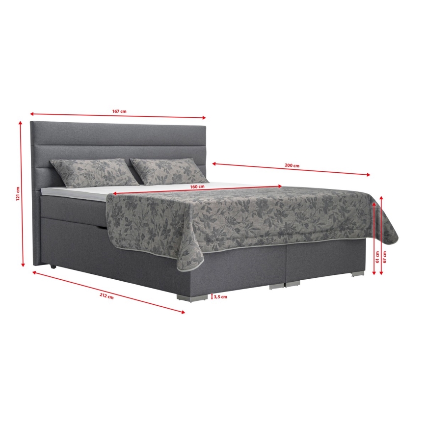 Upholstered bed with storage space and mattresses with topper NEW BOLERO 160x200 cm grey