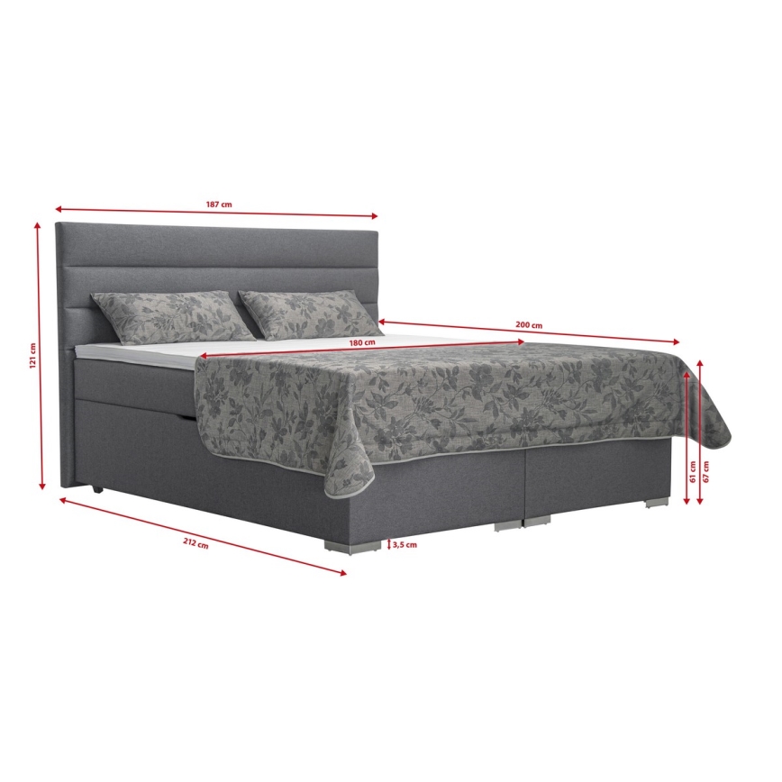 Upholstered bed with storage space and mattresses with topper NEW BOLERO 180x200 cm grey