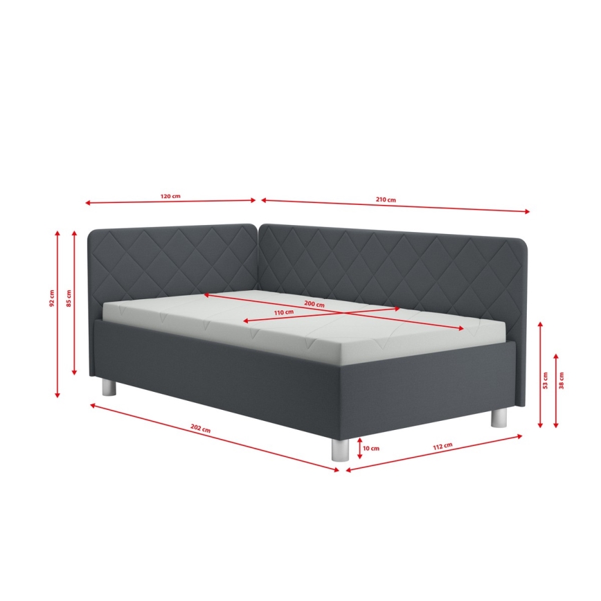 Upholstered day bed with a storage space and mattress EMILE 110x200 cm grey
