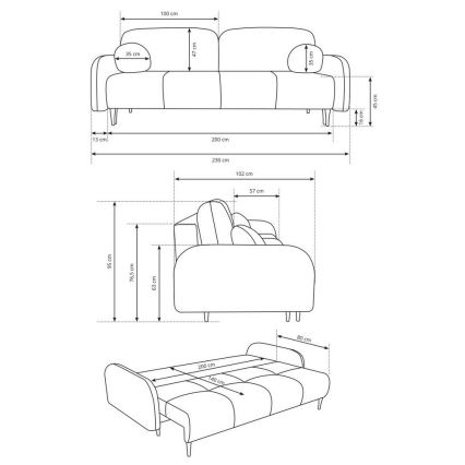 Upholstered folding three-seater sofa CLOUDY creamy