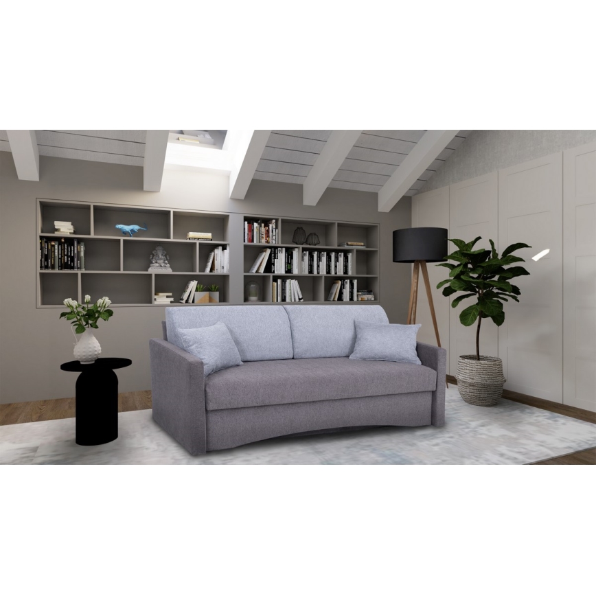 Upholstered folding three-seater sofa for everyday sleeping with armrests PAUL grey
