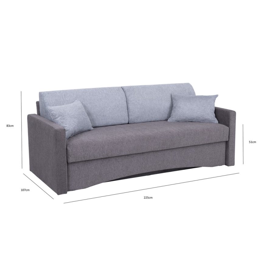 Upholstered folding three-seater sofa for everyday sleeping with armrests PAUL grey