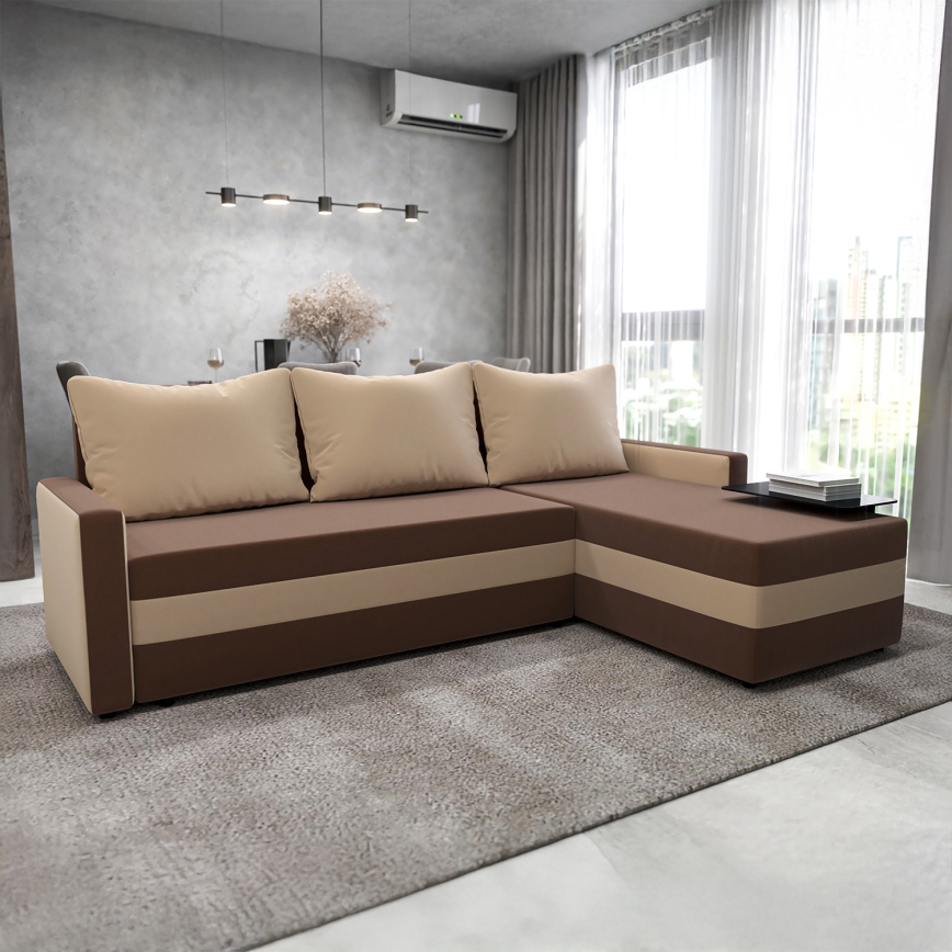 Upholstered universal folding corner L-shaped lounge suite BRISTOL brown/beige