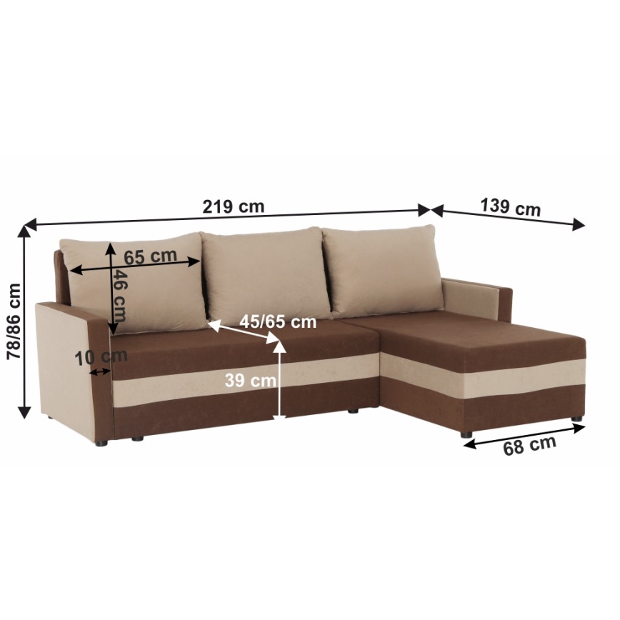 Upholstered universal folding corner L-shaped lounge suite BRISTOL brown/beige