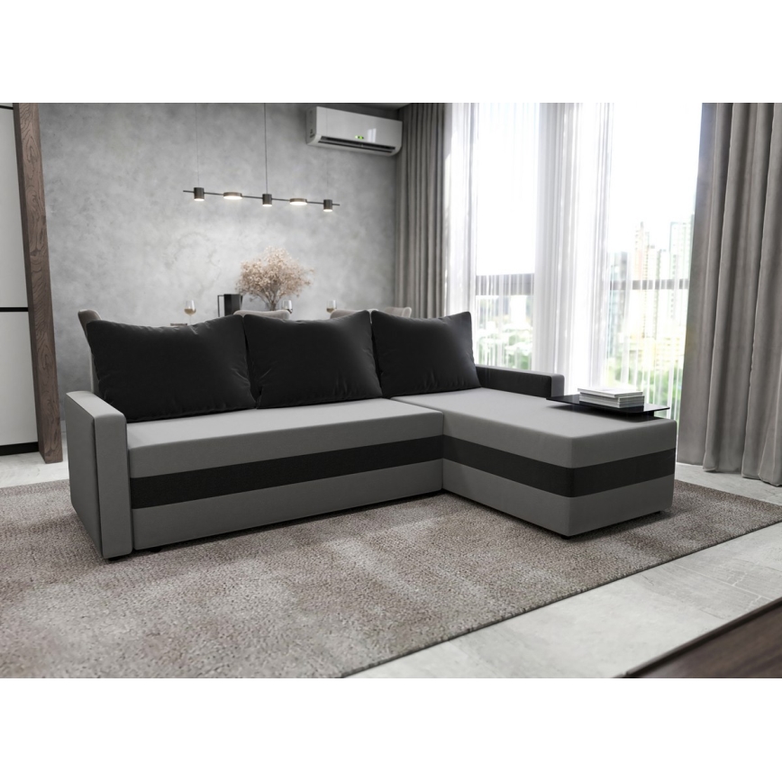 Upholstered universal folding corner L-shaped lounge suite BRISTOL grey/black