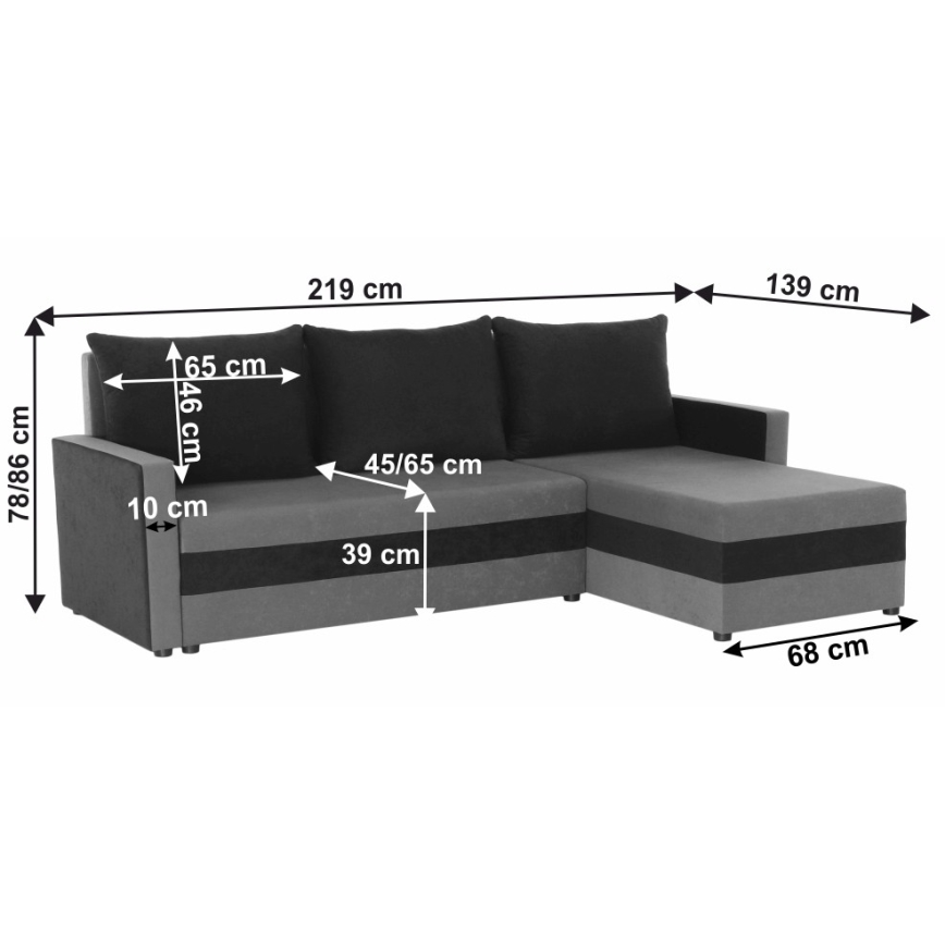 Upholstered universal folding corner L-shaped lounge suite BRISTOL grey/black