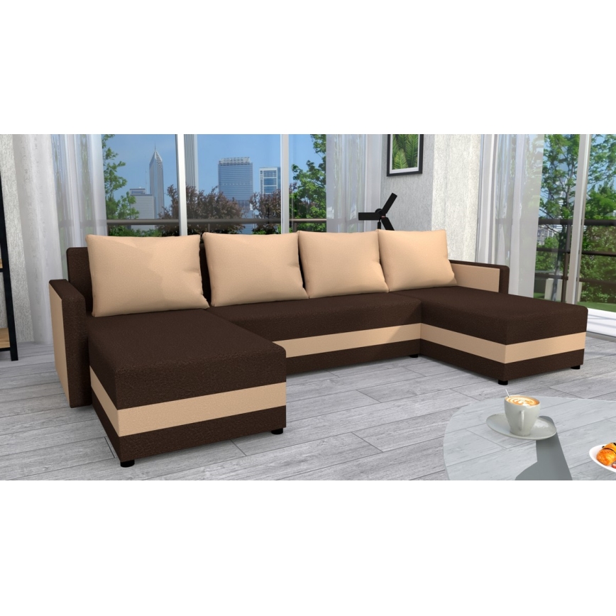 Upholstered universal folding corner U-shaped lounge suite BRISTOL brown/beige