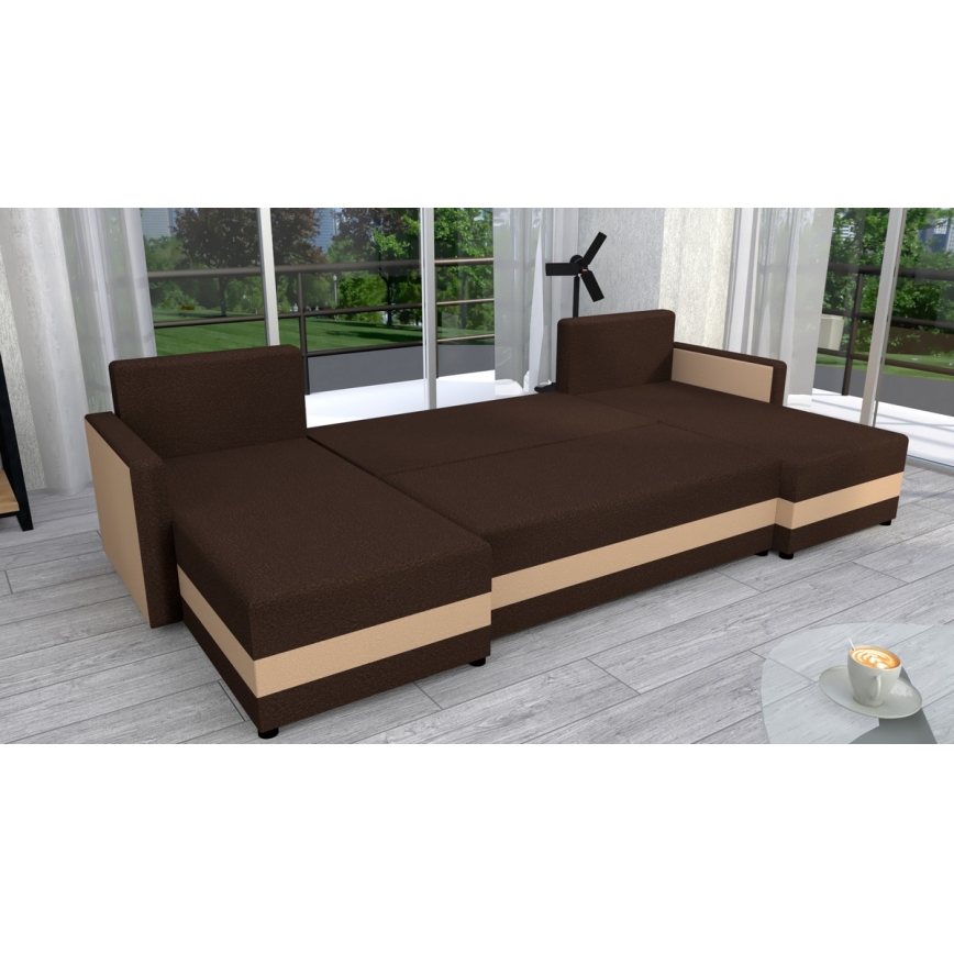 Upholstered universal folding corner U-shaped lounge suite BRISTOL brown/beige