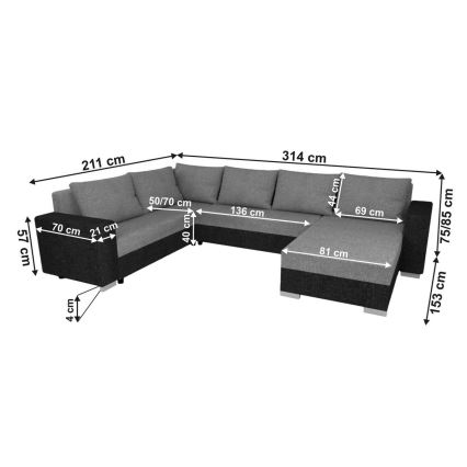 Upholstered universal folding U-shaped suite lounge YORK black/anthracite