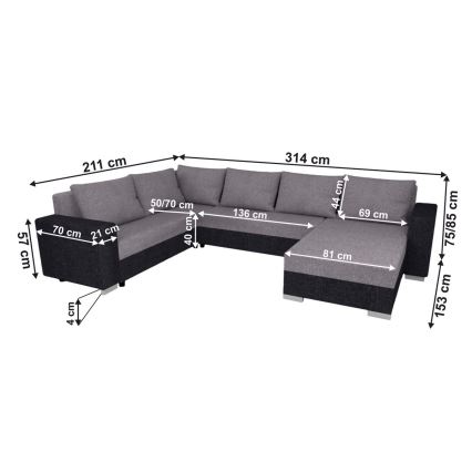 Upholstered universal folding U-shaped suite lounge YORK grey/black