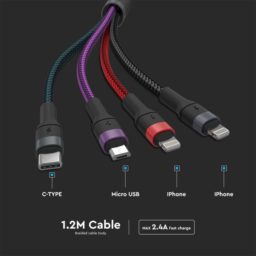 USB cable USB-A / USB Lightning  / MicroUSB / USB-C 1,2m multicolor
