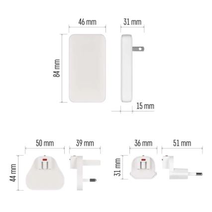 USB GaN Travel Adapter with Interchangeable Plugs, 100–250 V