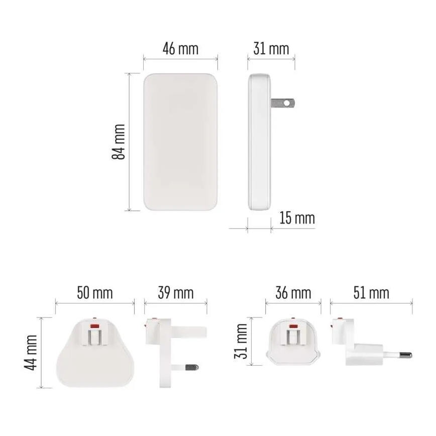 USB GaN Travel Adapter with Interchangeable Plugs, 100–250 V
