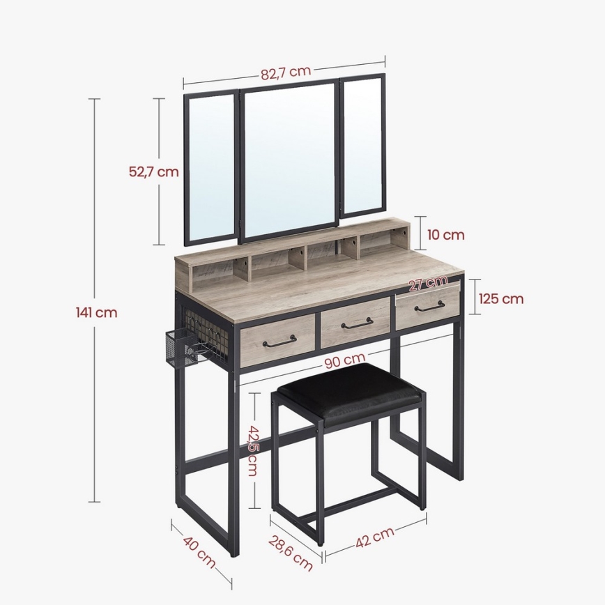 Vanity table with stool 28,6x42 cm FLORA gray/black