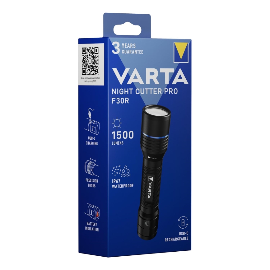 Varta 18921101111 - LED Rechargeable Flashlight NIGHT CUTTER PRO F30R LED/USB IP67 2600 mAh