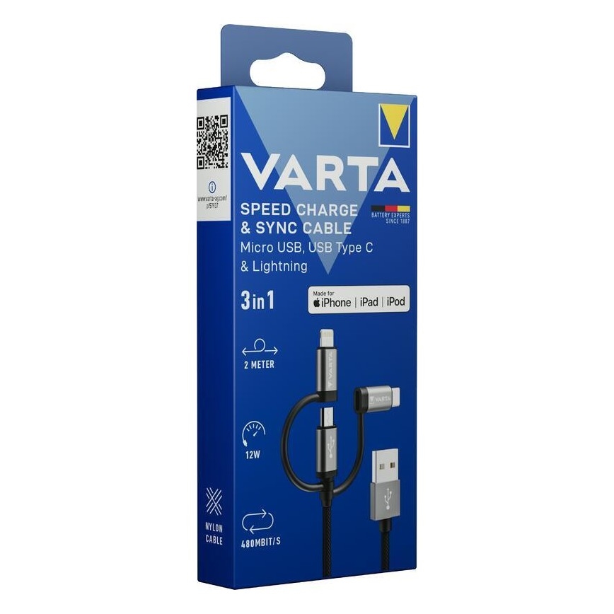 Varta 57937101111 - USB cable 3in1 with connector Lightning and Micro USB 2m