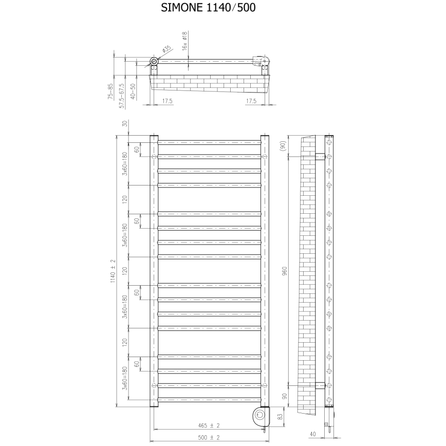 Vertaduro - SIMONE Bathroom Radiator with Thermostat 400 W, 114 × 50 cm, White