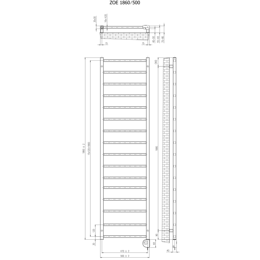 Vertaduro - ZOE bathroom radiator with thermostat 400W 186x50 cm anthracite