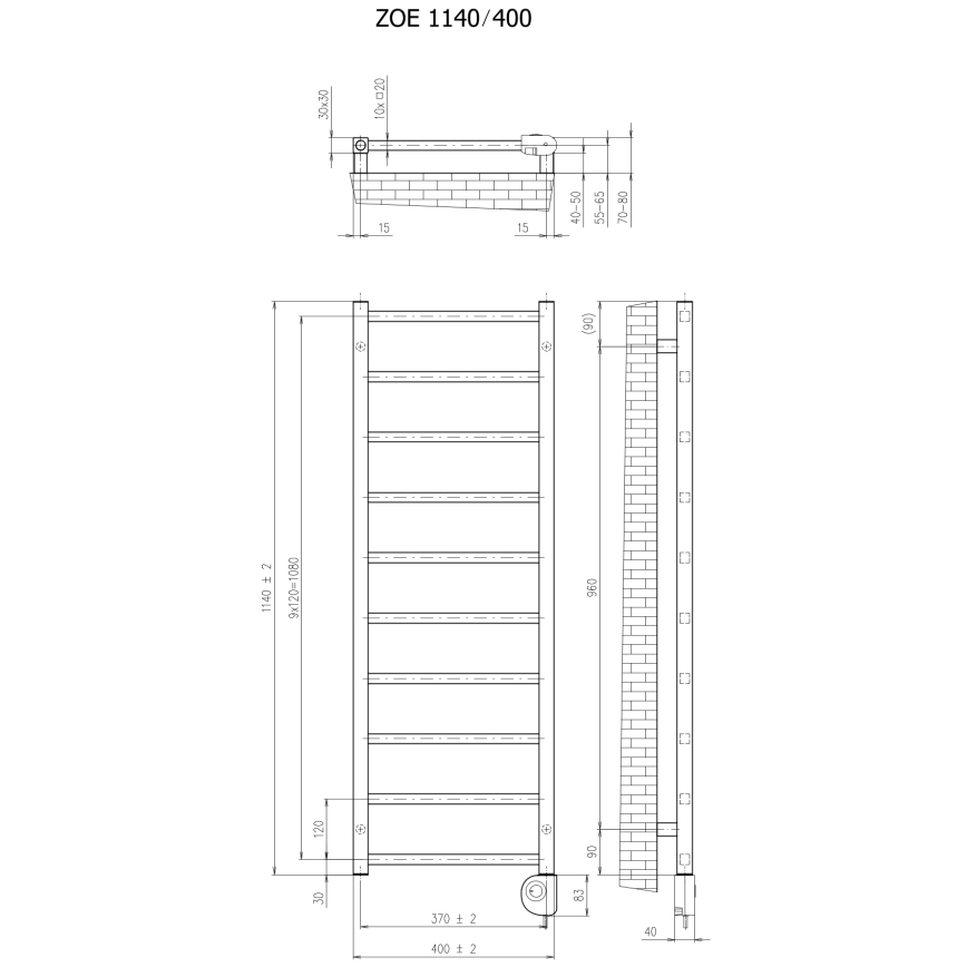 Vertaduro - ZOE Heated Towel Rail with Thermostat, 400 W, 114 x 40 cm, Black