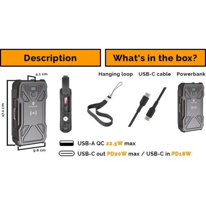 Viking - Power Bank with LED Flashlight, Wireless Charging and Solar Panel Power Delivery 22.5W/10000 mAh