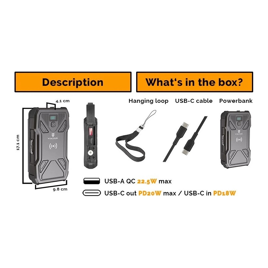 Viking - Power Bank with LED Flashlight, Wireless Charging and Solar Panel Power Delivery 22.5W/10000 mAh