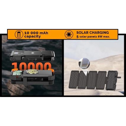 Viking - Power Bank with LED Flashlight, Wireless Charging and Solar Panel Power Delivery 22.5W/10000 mAh