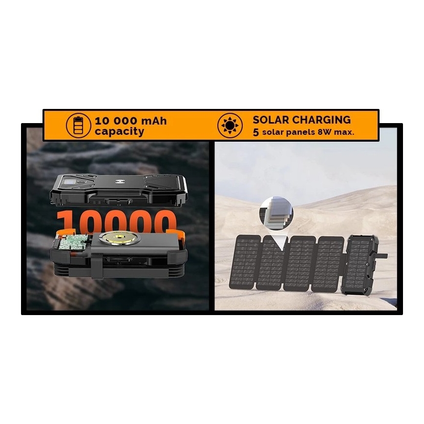 Viking - Power Bank with LED Flashlight, Wireless Charging and Solar Panel Power Delivery 22.5W/10000 mAh